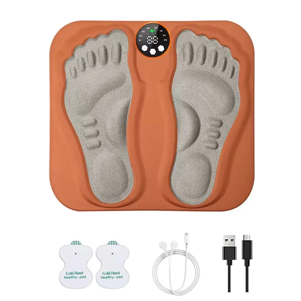 Orange 3D electric foot massage mat with digital display, 8 modes, 29 levels, rechargeable battery, and electrode pads.