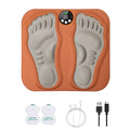 Orange 3D electric foot massage mat with digital display, 8 modes, 29 levels, rechargeable battery, and electrode pads.