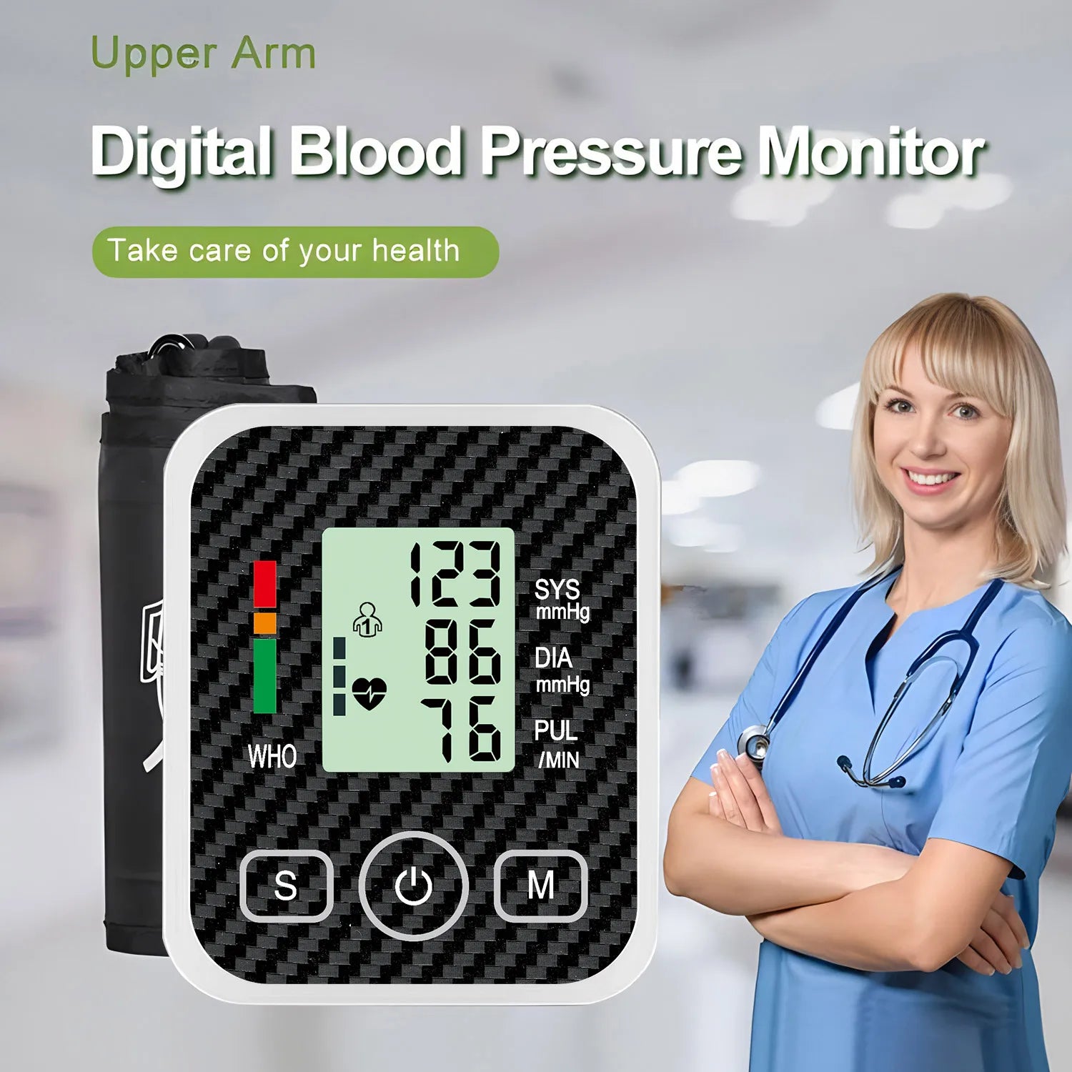 Upper Arm Blood Pressure Monitor with 36cm Cuff Automatic Digital Medical BP Tensiometer Heart Rate Detector Portable Home Care