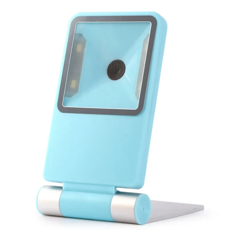 Foldable desktop 2D barcode scanner in light blue with stand base and scan window
