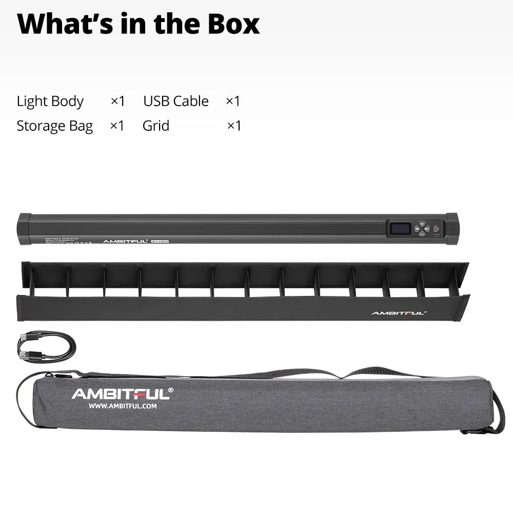 LED light bar kit including a USB cable, fabric honeycomb grid for light control, and a gray zippered storage bag.