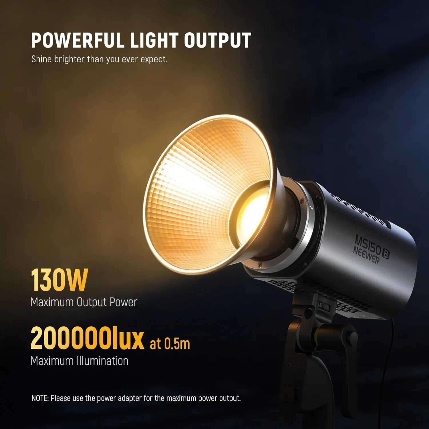 MS150B LED video light with a silver reflector cone casting warm, bright illumination for professional photography.