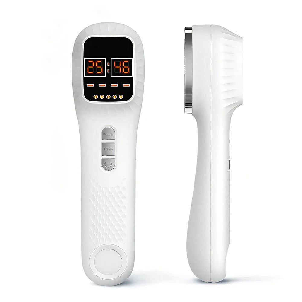 White handheld facial skin treatment device with a digital timer display, control buttons, and a smooth metallic head.