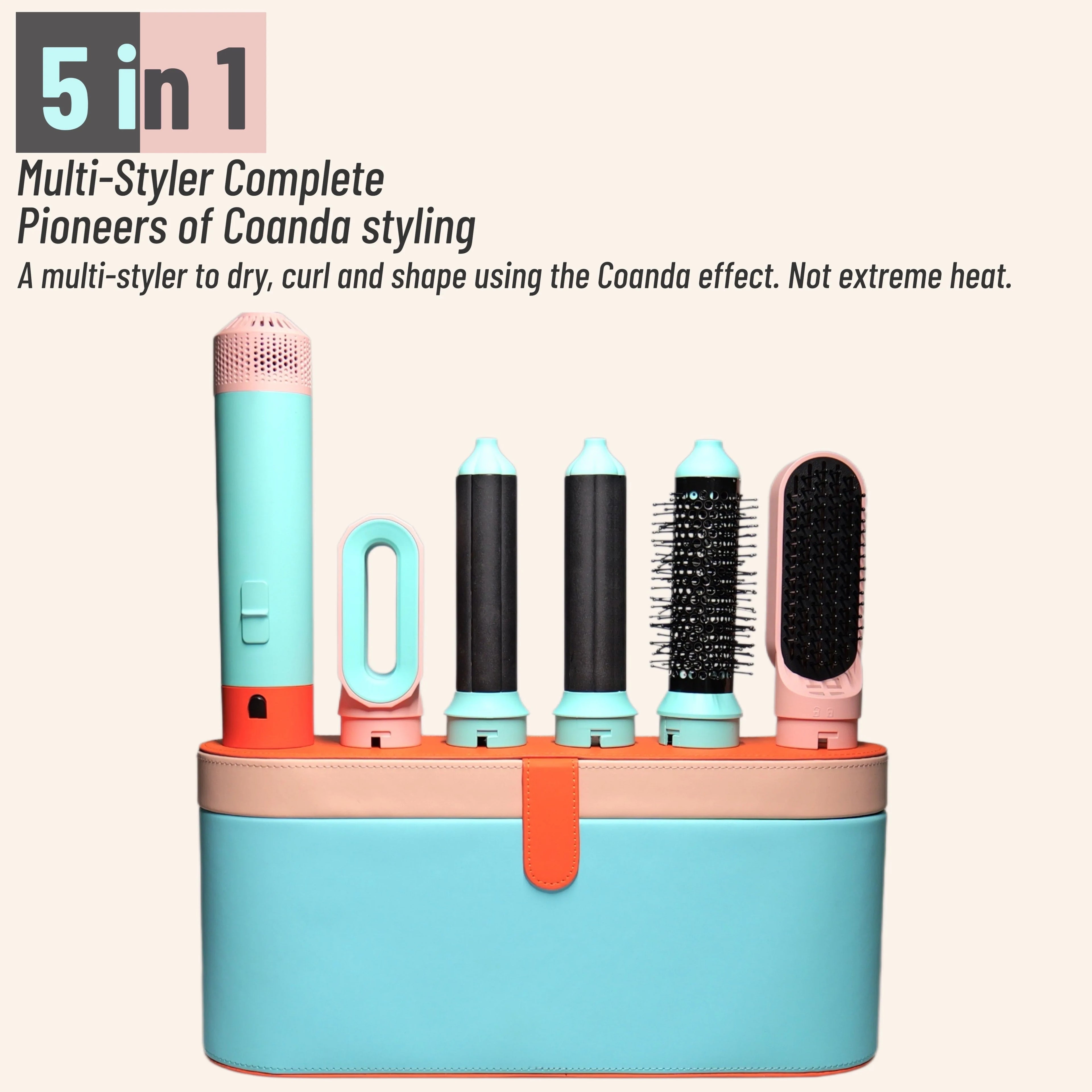 5-in-1 multi-styler hair dryer set in teal and pink with curling barrels, hot air brush, and storage case.