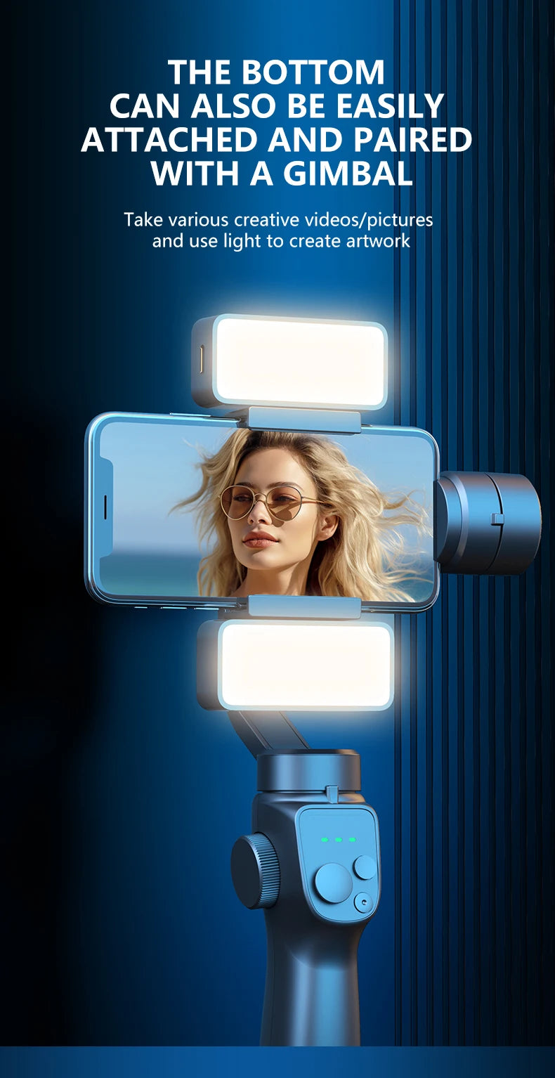 Two rectangular LED fill lights mounted on a phone gimbal stabilizer for smartphone videography and photography.