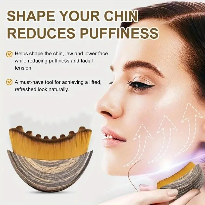 Curved lymphatic contour brush with brown bristles and a wood-grain handle, shown used on a woman's jawline.