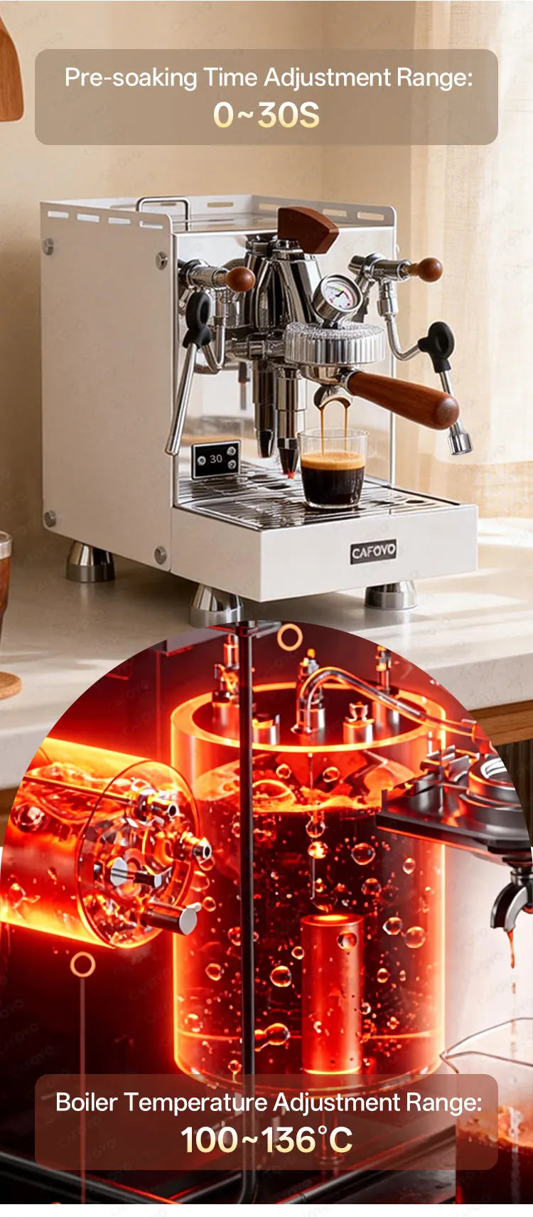 Cafovo white espresso machine with wooden handles, chrome accents, and detailed boiler heating internal view.
