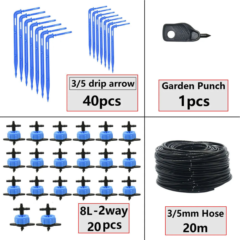 Greenhouse Potted Curved Arrow Dropper Micro Drip System 2L4L8L Pressure Compensation Dripper 3/5mm 2/4-way Irrigation Kit