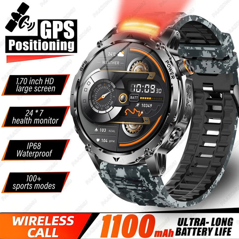 Camo GPS smartwatch with round screen, dark camo strap, orange-highlighted UI