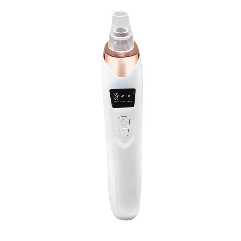 White and rose gold rechargeable blackhead vacuum pore extractor for facial cleansing and oily skin care.