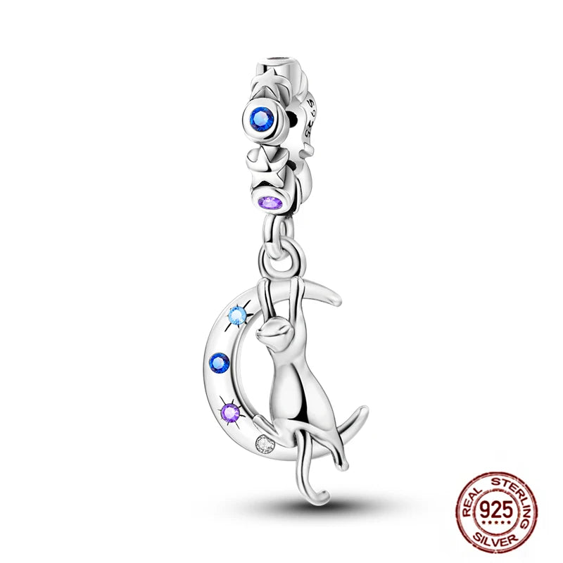 925 sterling silver cat on moon charm pendant for pet lovers, perfect for DIY bracelets and personalized jewelry gifts.