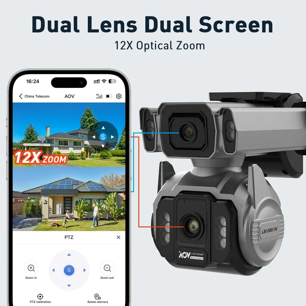 LS VISION AOV AI Tracking Outdoor Surveillance Camera 12X Optical Zoom Cctv Camera 4G Cloud SIM Dual Screen  24/7 Video Record