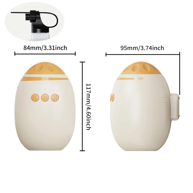 White beige 4.6-inch sound machine for sleep with control buttons, display, and adjustable strap.