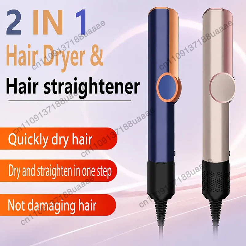 2-in-1 negative ion hair dryer and straightener in blue and gold. Professional styling tool for wet and dry hair.