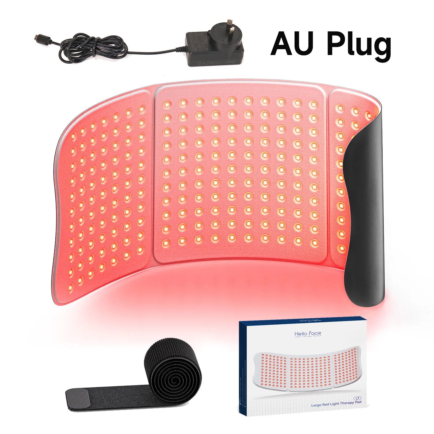 Large, flexible red light therapy mat with 792 LEDs, AU power plug, black strap, and product packaging box.