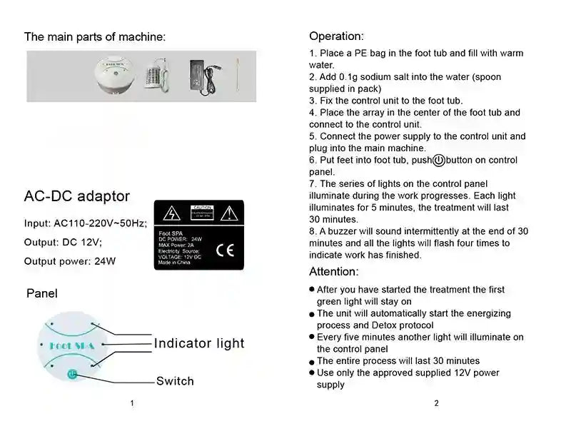 Ionic foot detox spa machine parts, control panel, and step-by-step operating instructions for home therapy device.
