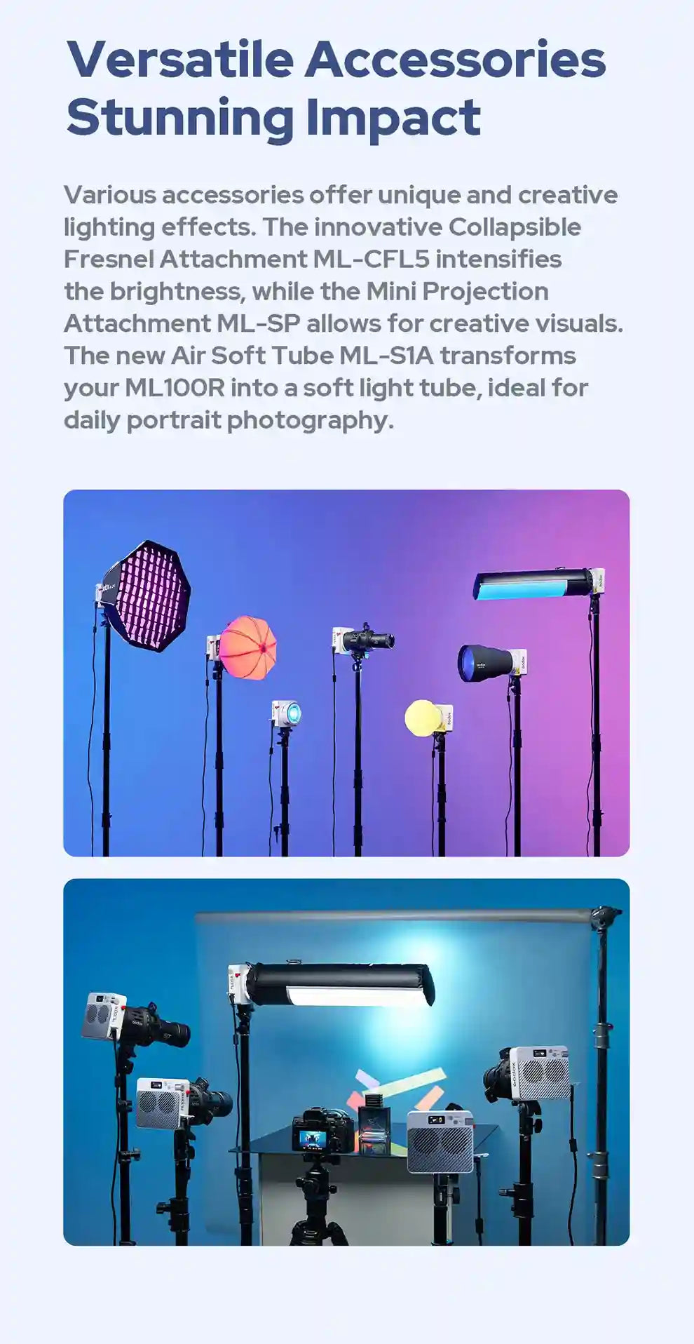 Lighting accessories for ML100R including a collapsible Fresnel, projection attachment, and air soft tube on light