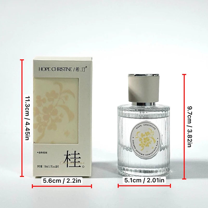 HOPE CHRISTINE Golden Autumn Osmanthus floral perfume for women, 50ml round ribbed glass bottle with elegant box.