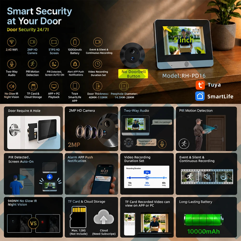 5Inch 10000mAh Two Way Audio 2MP Tuya SmartLife WiFi Digital Door Eye Peephole Viewer Infrared 940NM Night Vision PIR Camera