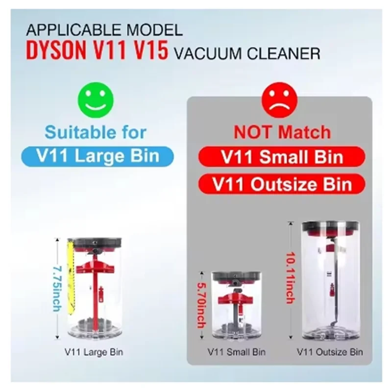 Tidesmit replacement dust bin for Dyson V11 and V15 vacuum cleaners, side angle view of clear spare canister bucket.