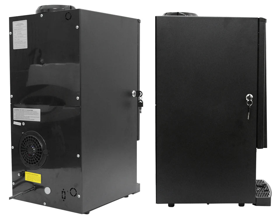 Commercial black metal automatic coffee machine with side-locking door and rear cooling fan view.