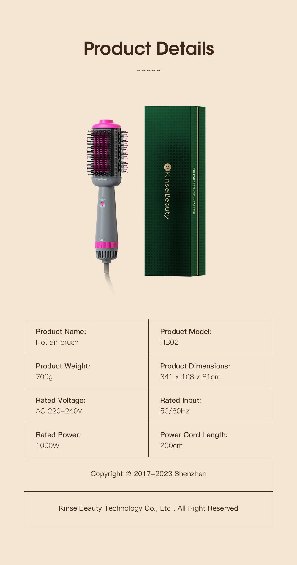 Kinseibeauty 3-speed hot air brush, gray and pink styling tool, professional salon hair dryer and straightening comb.