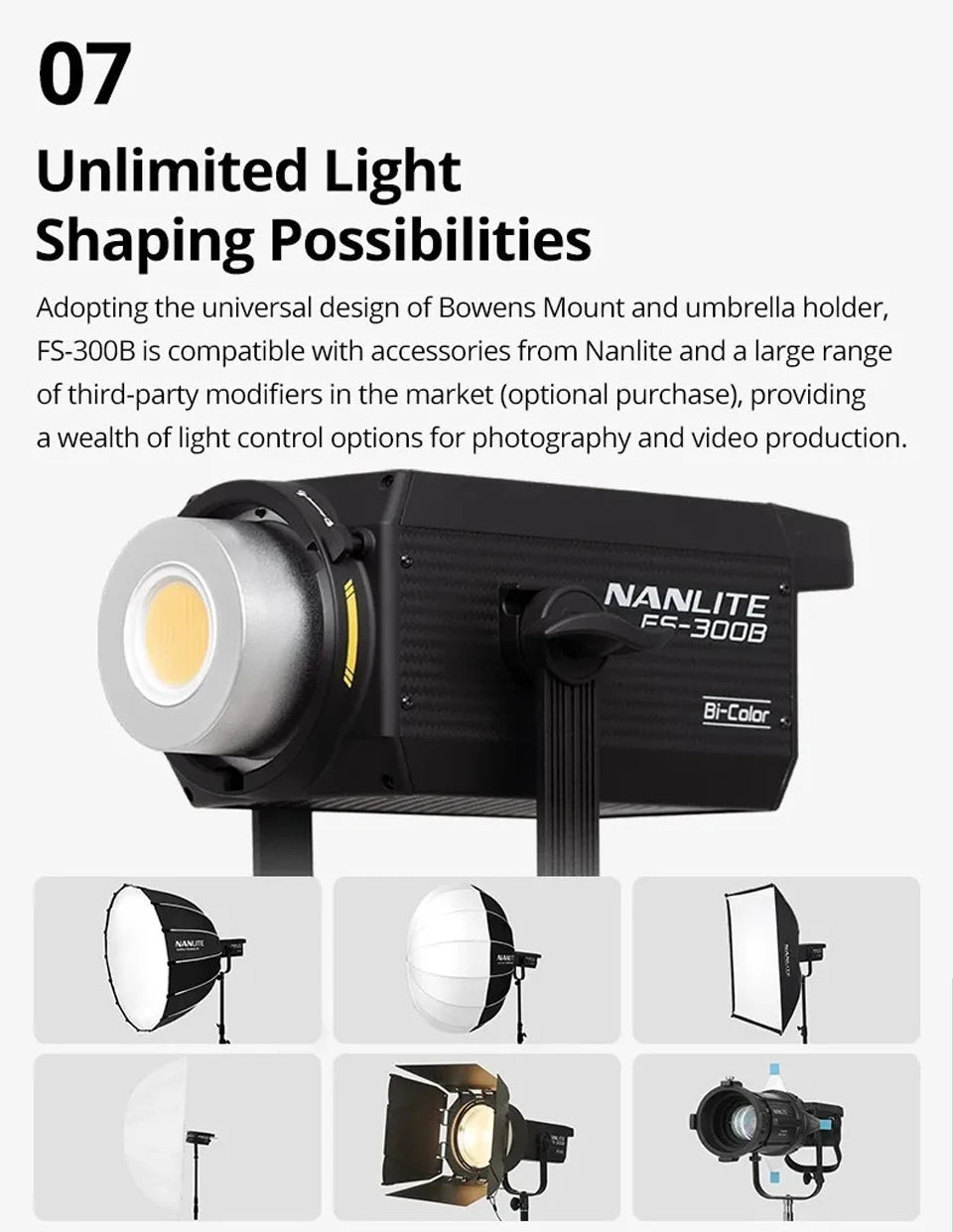 FS-300B black bi-color LED video light with Bowens mount, shown with various compatible lighting modifiers.