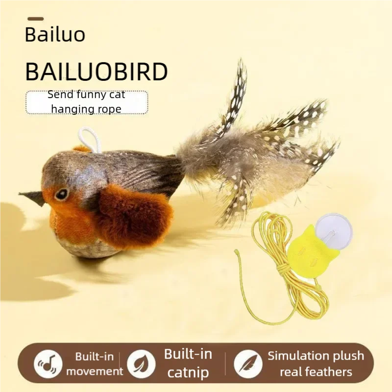 Interactive plush bird cat toy with real feathers, sound, and movement. Hanging rope for engaging indoor kitten play.