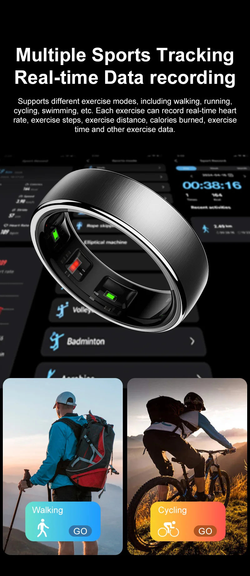 Women Men Fashion Smart Ring Fitness Tracker Health Sleep Monitor Blood Pressure Heart Rate Oxygen Monitor for Running, hiking
