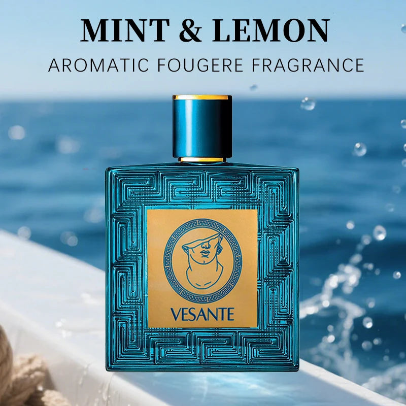 Vesante Vintage Heros 3.4oz men's EDC: Blue square bottle, mint & lemon aromatic fougère fragrance for men.