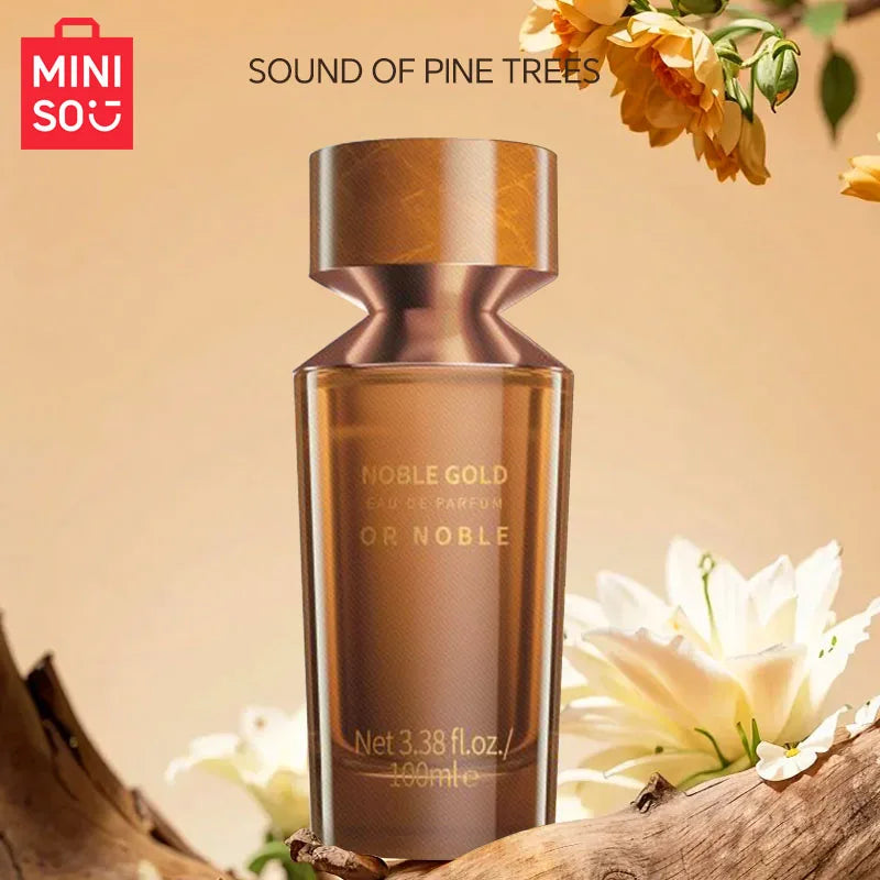 MINISO Noble Gold woody Eau de Parfum for men. 100ml luxury designer bottle with unique cap, pine scent notes.