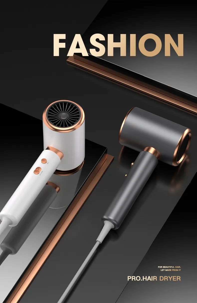 White and grey 2400W high-speed ionic hair dryers with sleek rose gold accents for salon-quality styling at home.