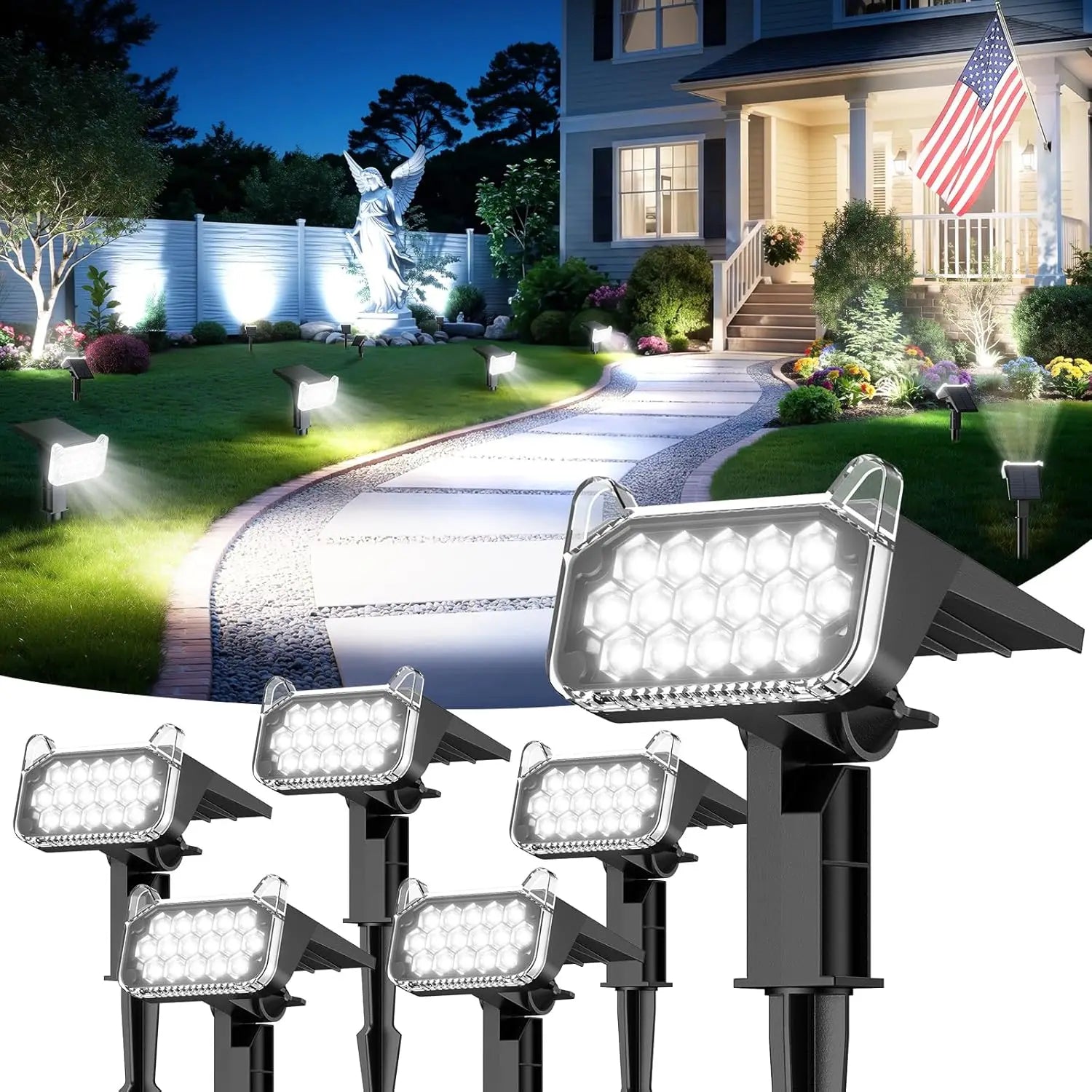 Solar Spot Lights Outdoor Waterproof IP65, Super Bright LEDs with Lens, 6500K 2 Lighting Modes, 2 in 1 Auto On/Off Solar Powered Spotlights for Yard Flag Landscape Tree, Cool White