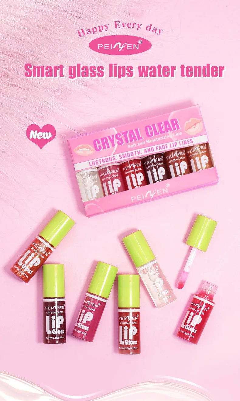 6-piece transparent moisturizing lip oil set with applicator for a hydrating, high-shine glass lip makeup finish.