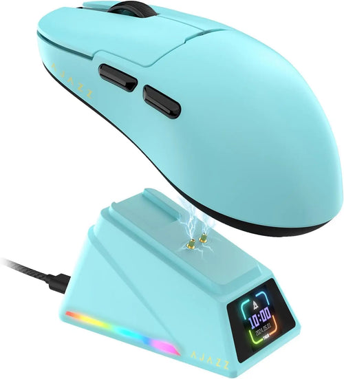 Light blue AJAZZ AJ159 wireless gaming mouse with side buttons above a charging dock featuring an RGB display screen.