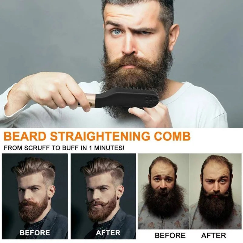 Man using portable black and gold heated beard straightener comb for quick grooming of hair and beard.