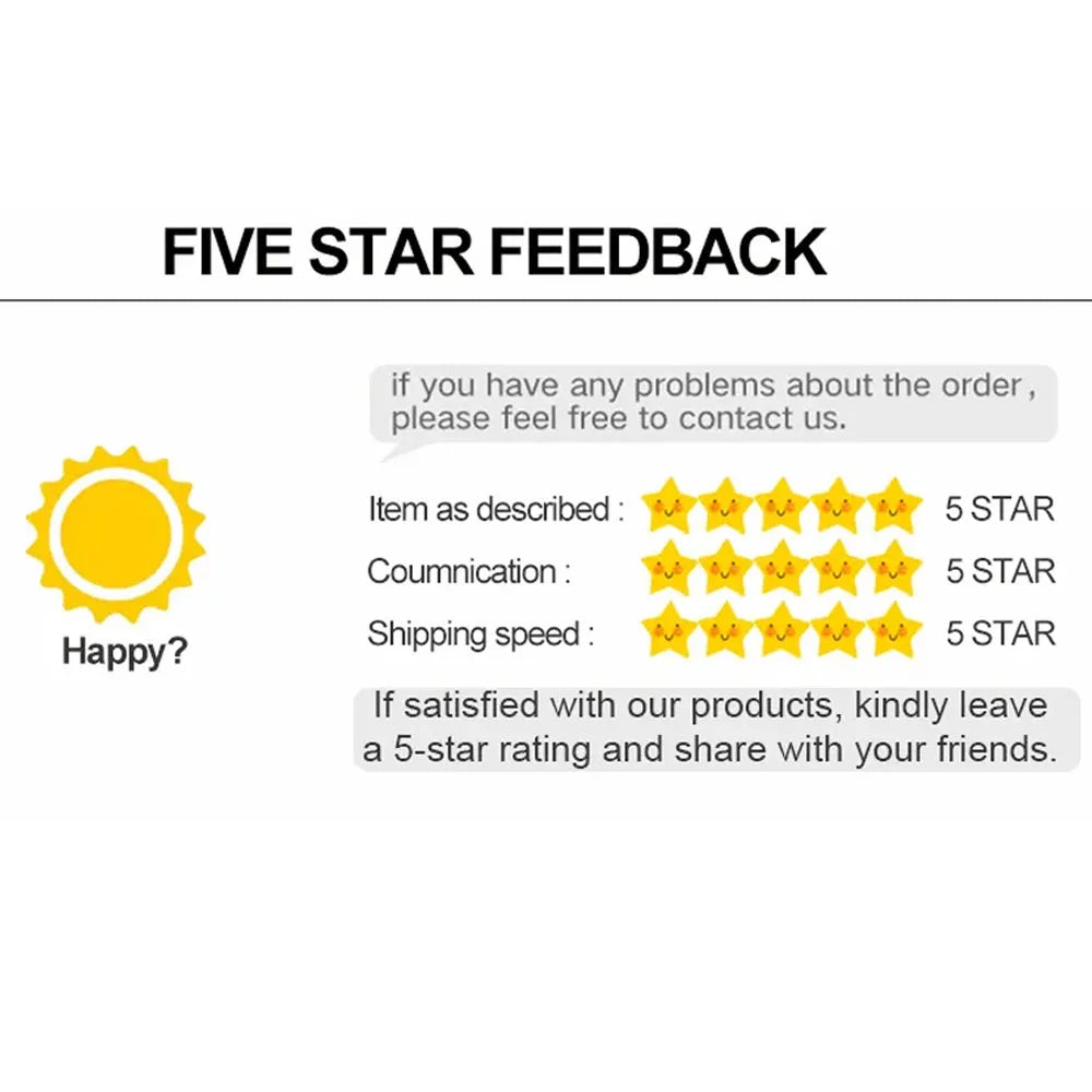 Customer feedback graphic showing three 5-star ratings, a yellow sun icon, and text requesting positive reviews.
