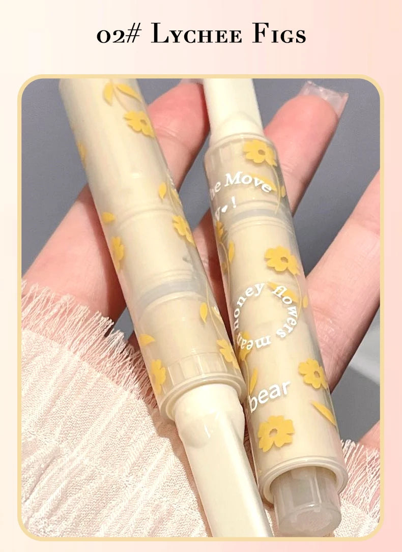 Gege Bear Floral Whisper glossy lipstick in Lychee Figs, a moisturizing jelly-finish lip makeup with yellow floral tube.