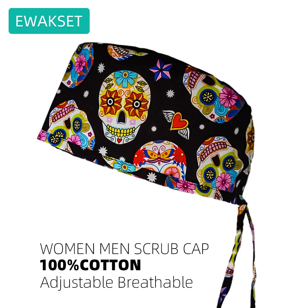 Adjustable black cotton scrub cap with colorful sugar skull print for vets, nurses, and dental professionals.