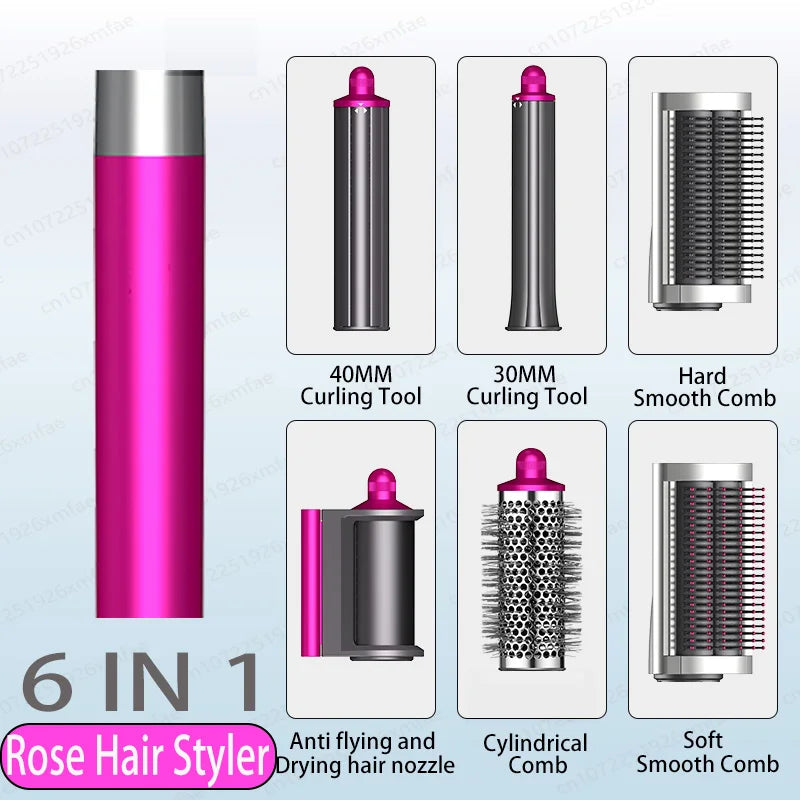 6-in-1 rose pink high-speed hair styler set with curling barrels, drying nozzle, and smoothing brush attachments.