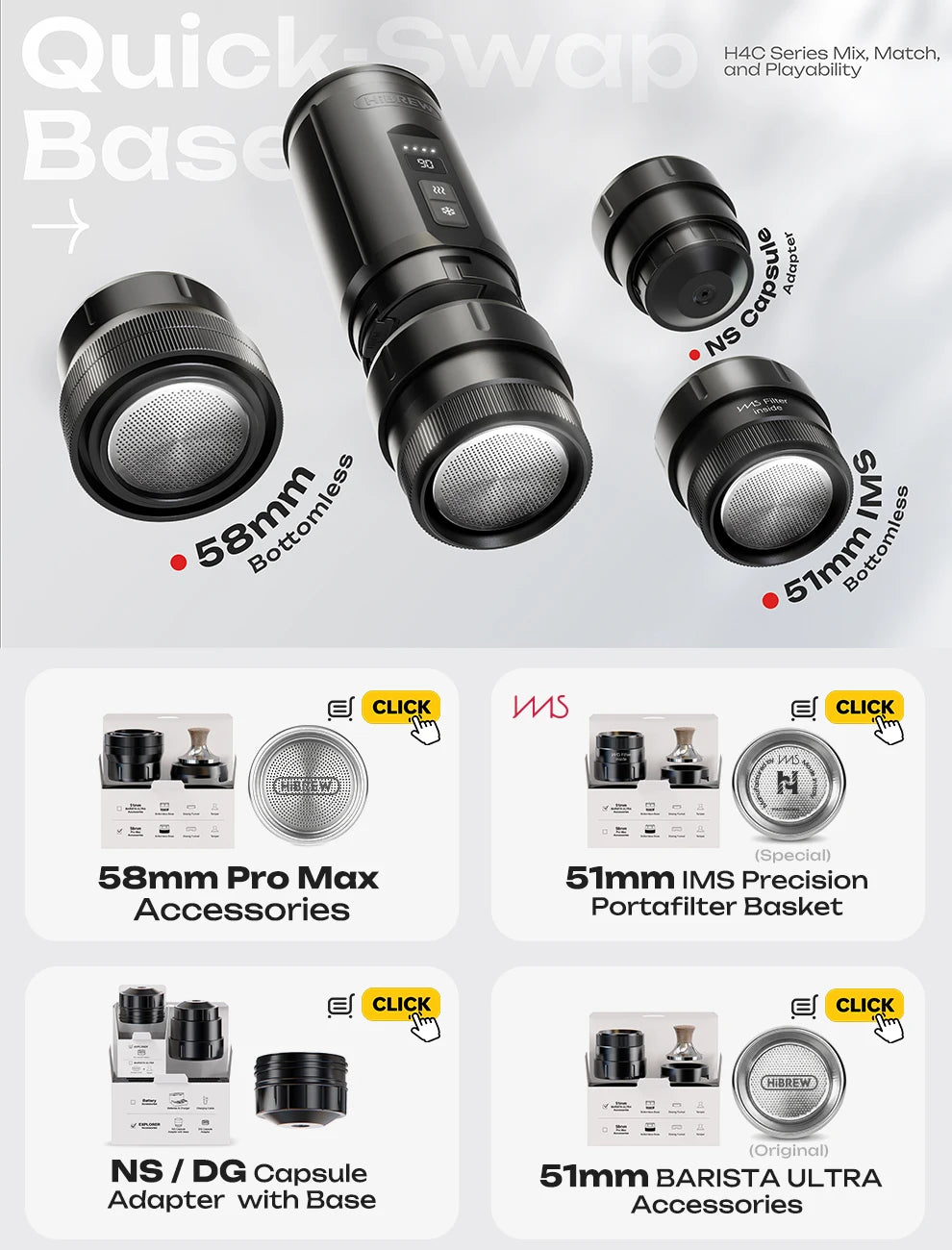 HiBREW H4C portable coffee maker with swappable 58mm, 51mm bottomless portafilters and capsule adapters.