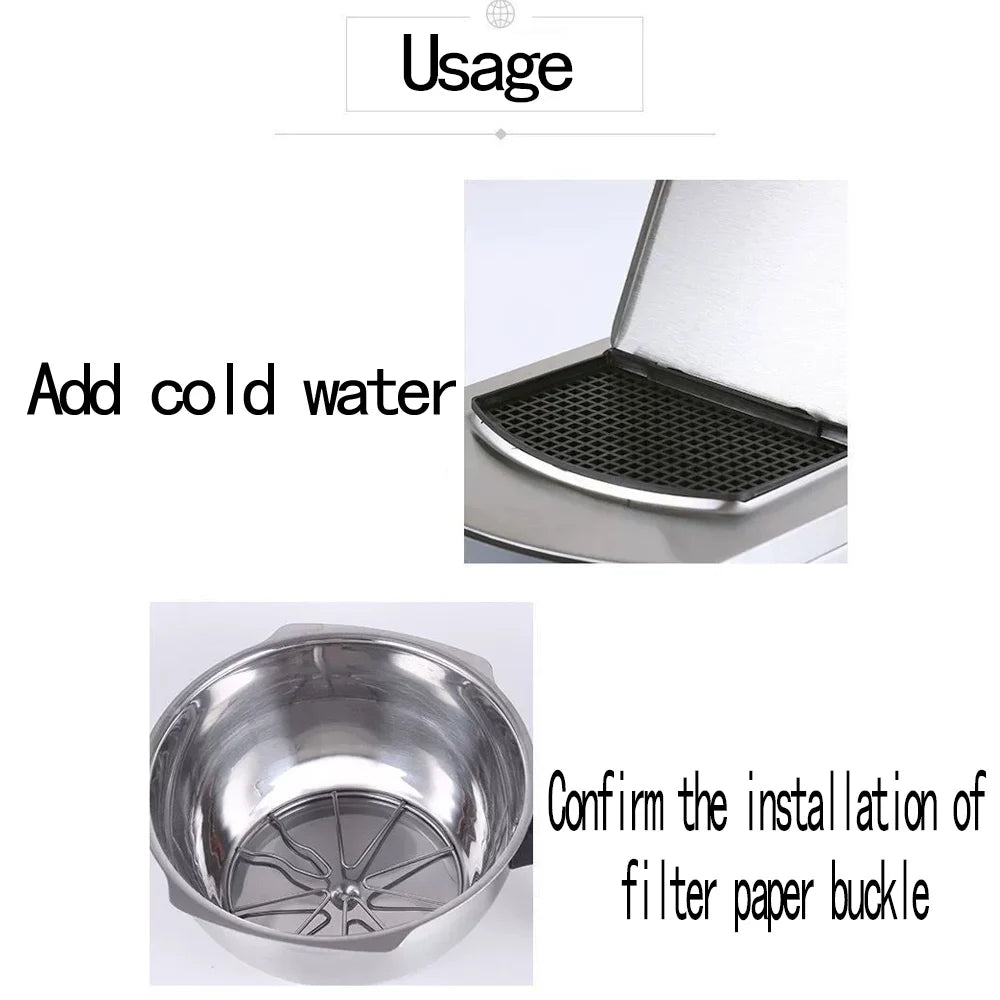 Instructional diagram for stainless steel coffee maker showing water tank grid and filter paper buckle installation.