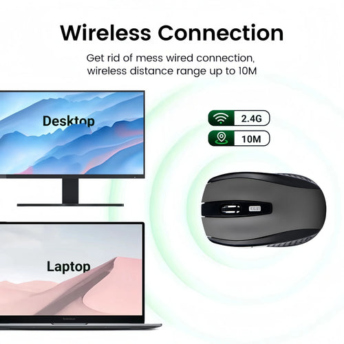 Gray and black ergonomic wireless mouse with a scroll wheel and DPI button, shown next to desktop and laptop screens.
