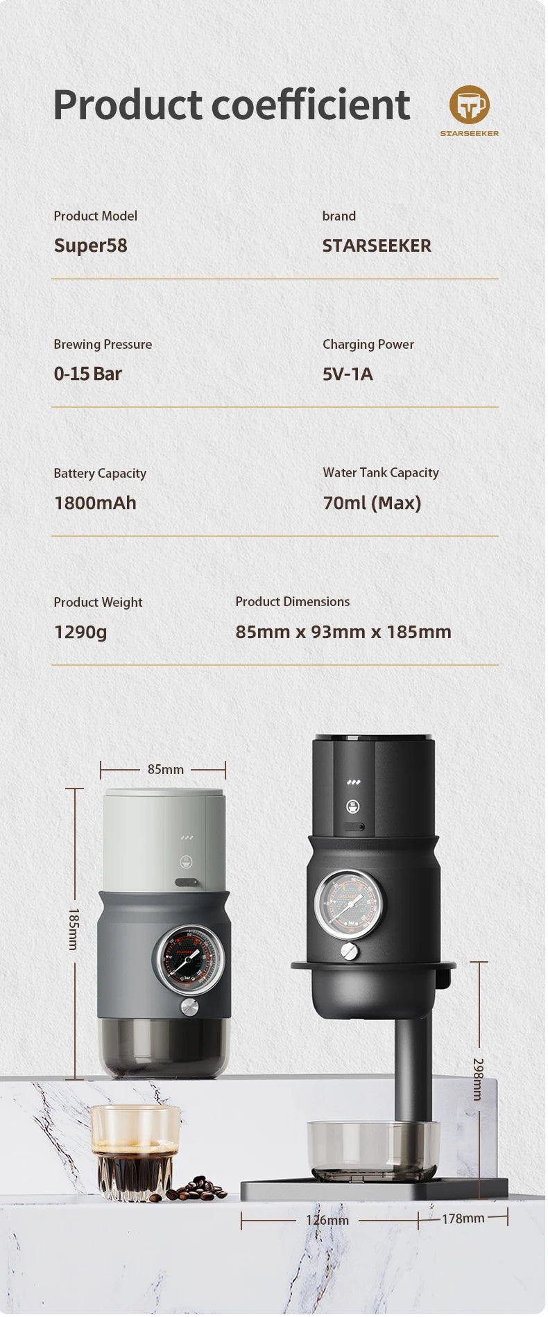 Starseeker Super58 portable espresso maker: black and grey battery-powered machine with 70ml capacity and 15 bar pressure.