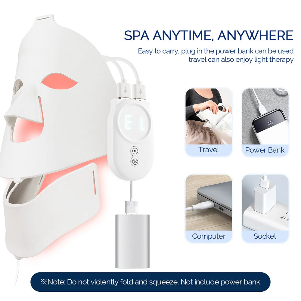 Flexible white silicone LED face and neck mask with a wired remote controller and various power connection options.