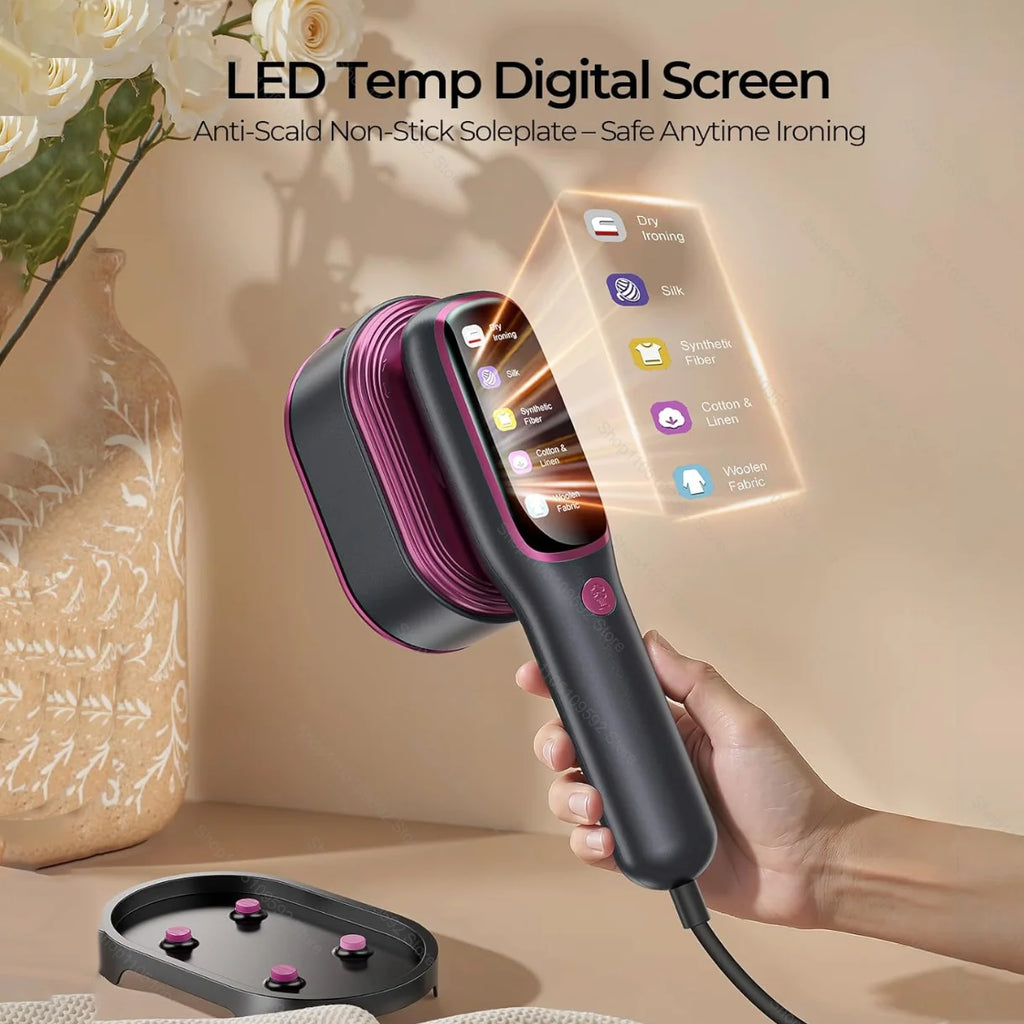 Tidesmit 1200W handheld garment steamer showing side view of the portable fabric steamer water tank and nozzle