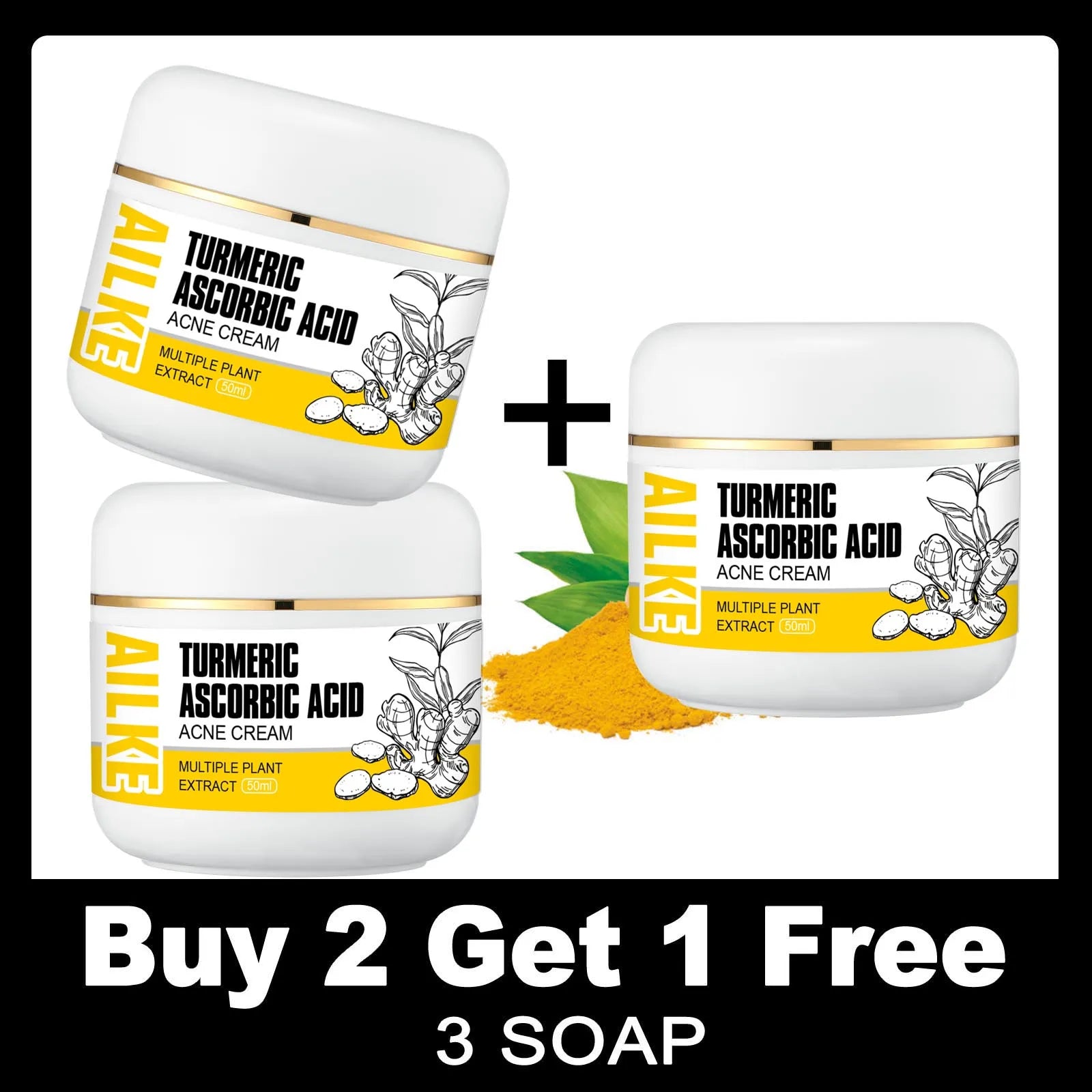 Turmeric ascorbic acid acne cream jars bundle, two white containers with gold bands