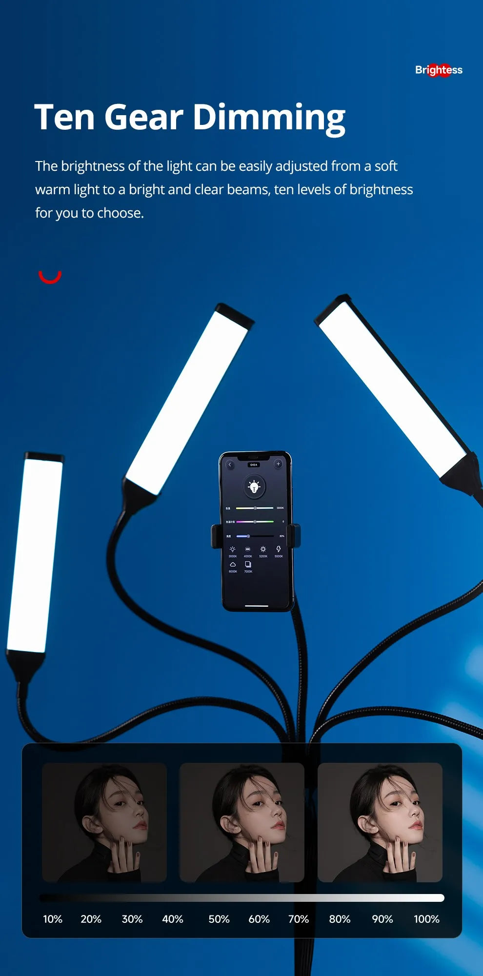 LED ring light with three flexible arms and a central phone mount for adjustable lighting and content creation.