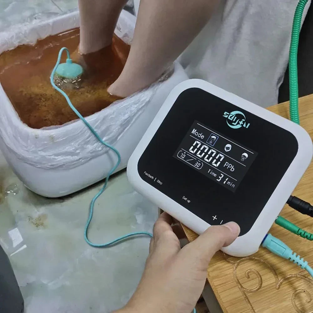 Ionic detox foot spa machine with digital control panel, aqua array, and water basin for home health bath therapy.