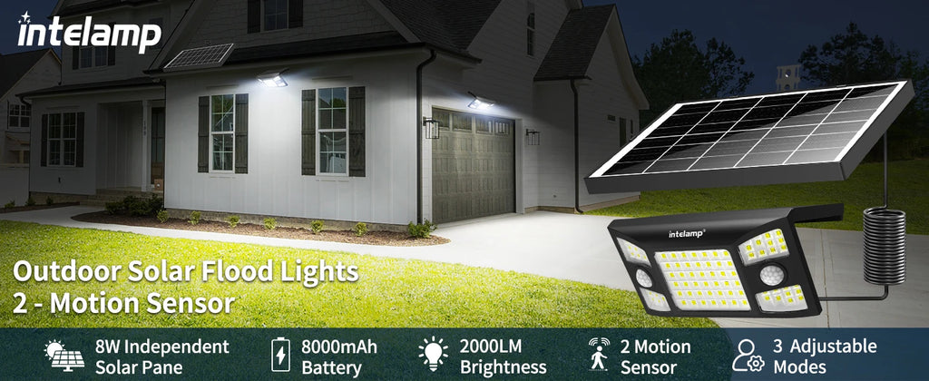 Intelamp 2000LM 8000mah Outdoor Solar Lights With Two Motion Sensors Larger Solar Panel Solar Lamp IP65 For Street Garden Path